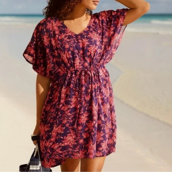 Land's End Short‎ Sleeve Gathered Drawstring Waist Coverup Dress Pink Purple XL - Picture 1 of 10